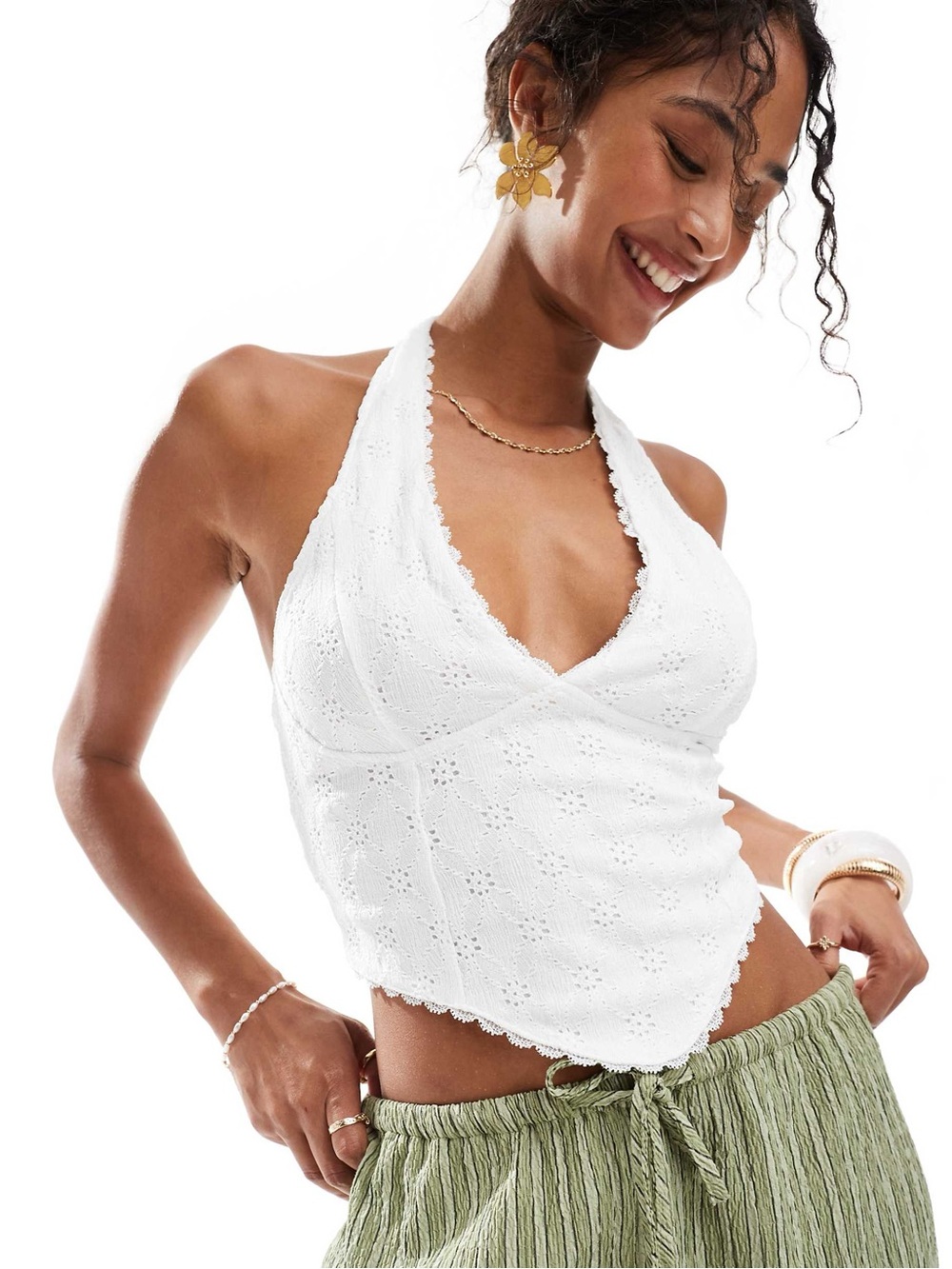 Pull&Bear halterneck jersey broderie top in white size S NWT